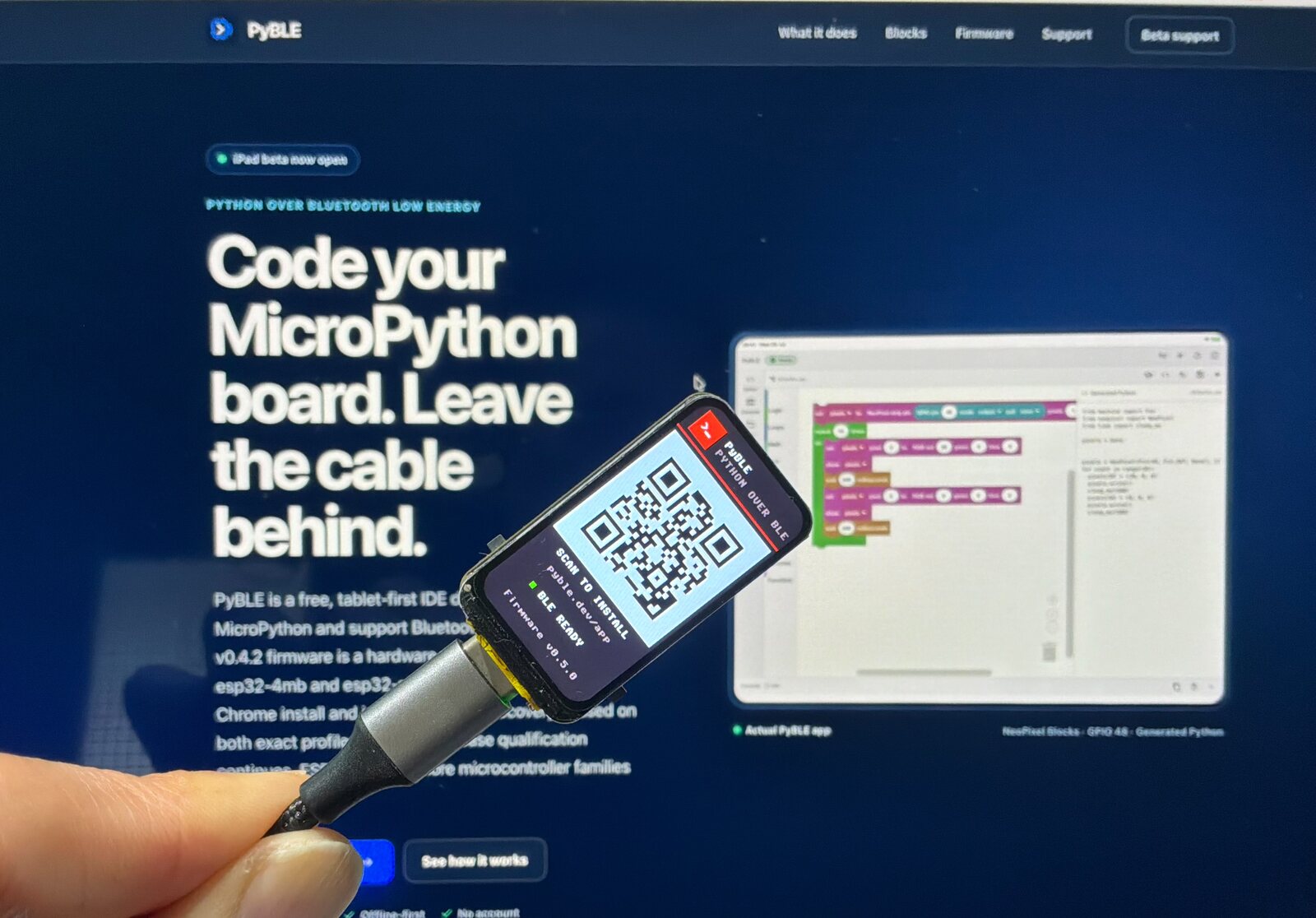 Actual Waveshare ESP32-S3-LCD-1.47B displaying the PyBLE v0.5.0 boot splash and app QR