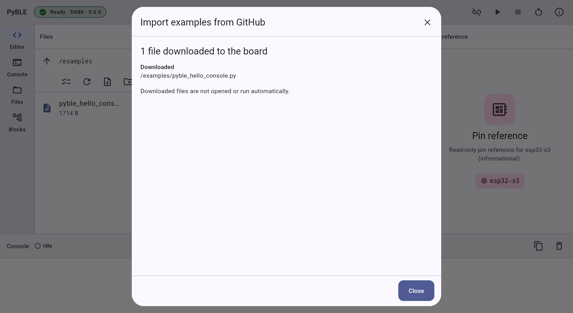 PyBLE 0.2.0 beta on a Lenovo Android tablet showing one completed Hello Console import to board DA86 without opening or running it.
