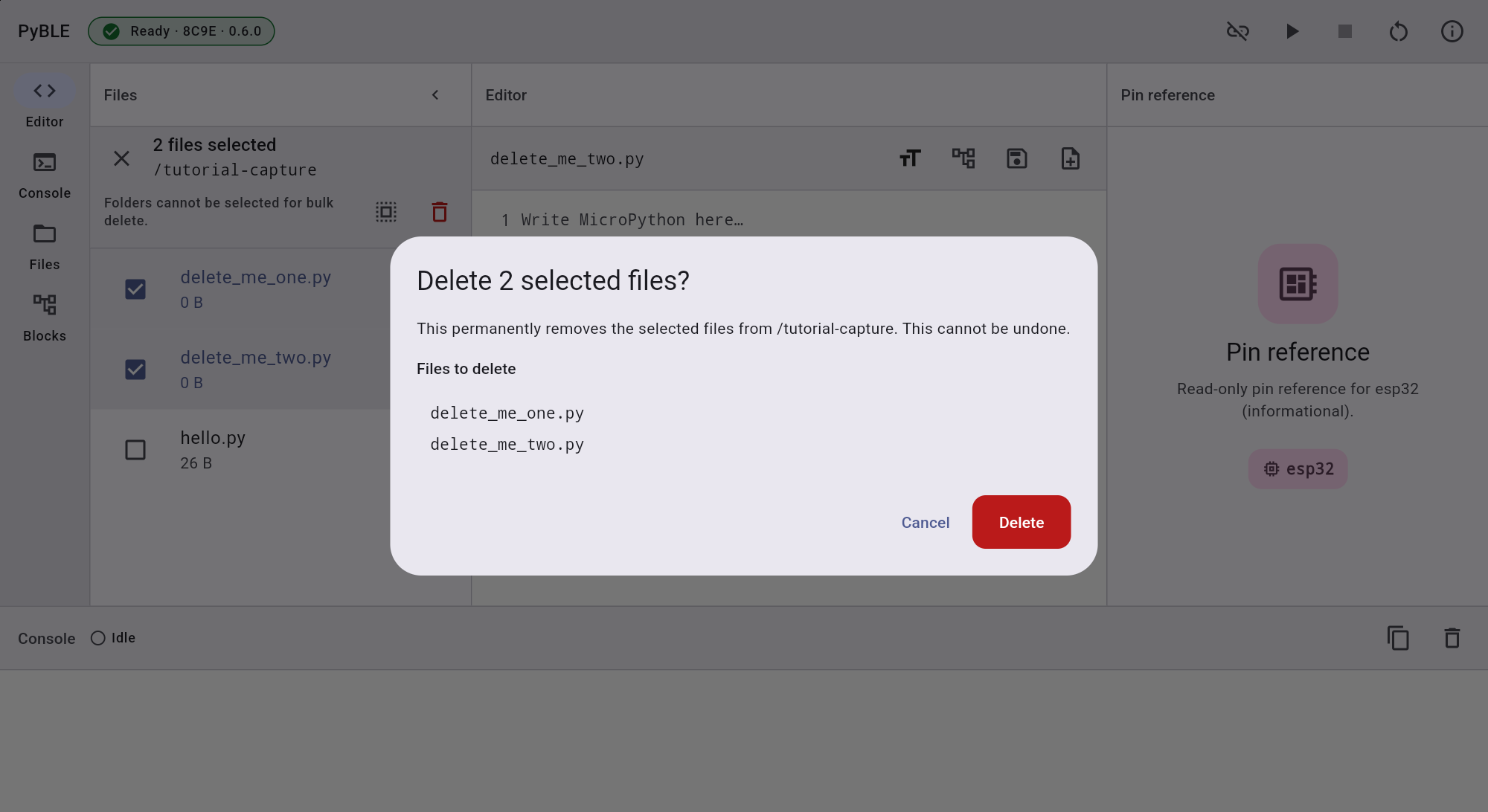 PyBLE 0.2.0 beta on a Lenovo Android tablet showing the exact permanent-delete review for two empty disposable files on board 8C9E.