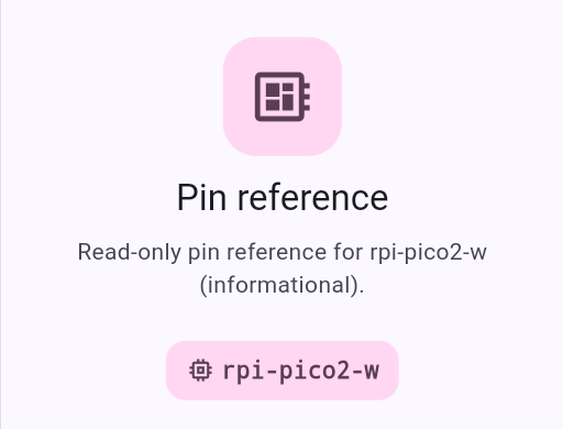 PyBLE 0.2.0 beta read-only pin reference on a Lenovo Android tablet showing the rpi-pico2-w runtime token for board 3DCB.
