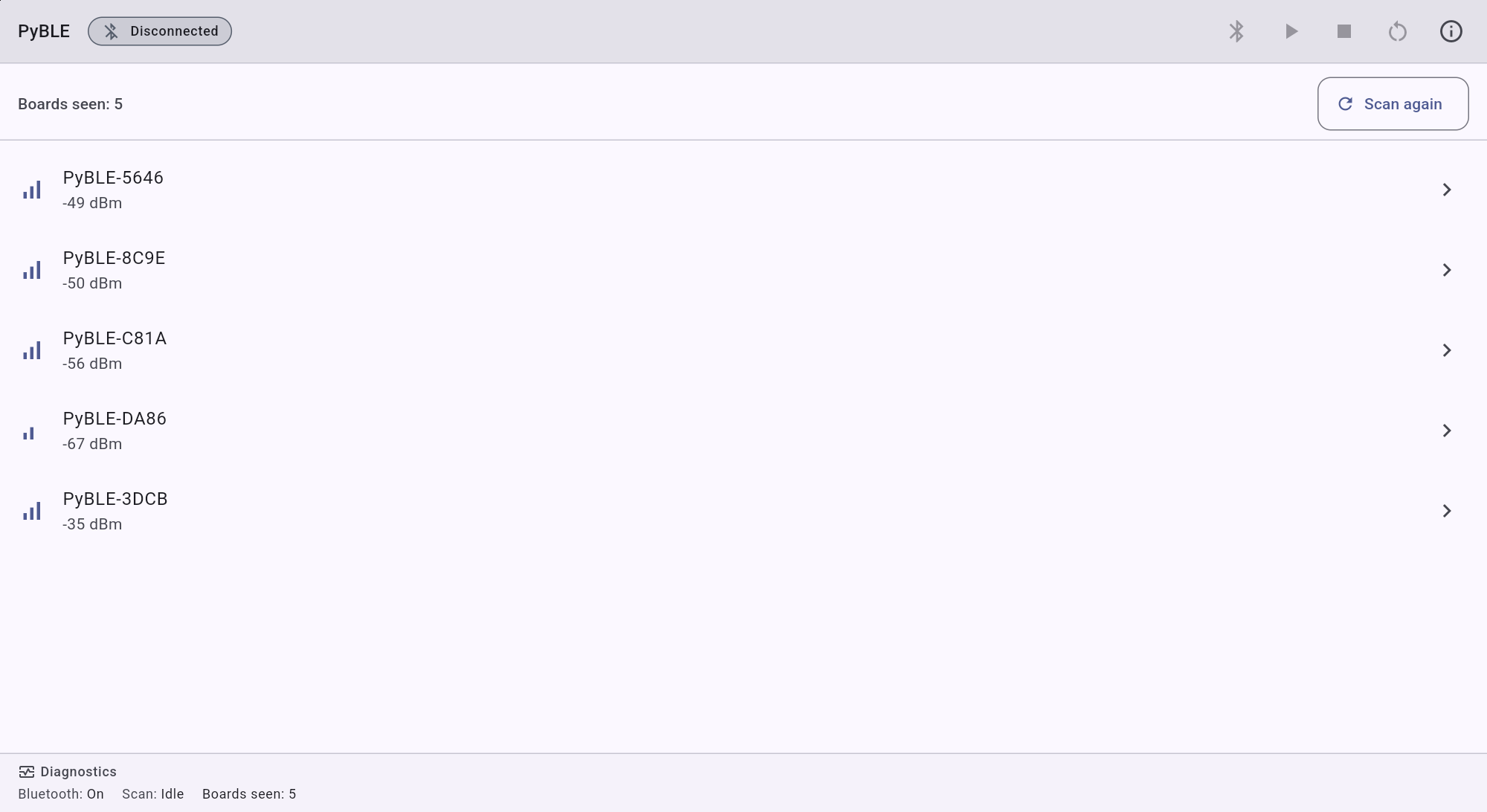 PyBLE 0.2.0 beta on a Lenovo Android tablet showing five stopped Bluetooth scan results from nearby PyBLE agents.